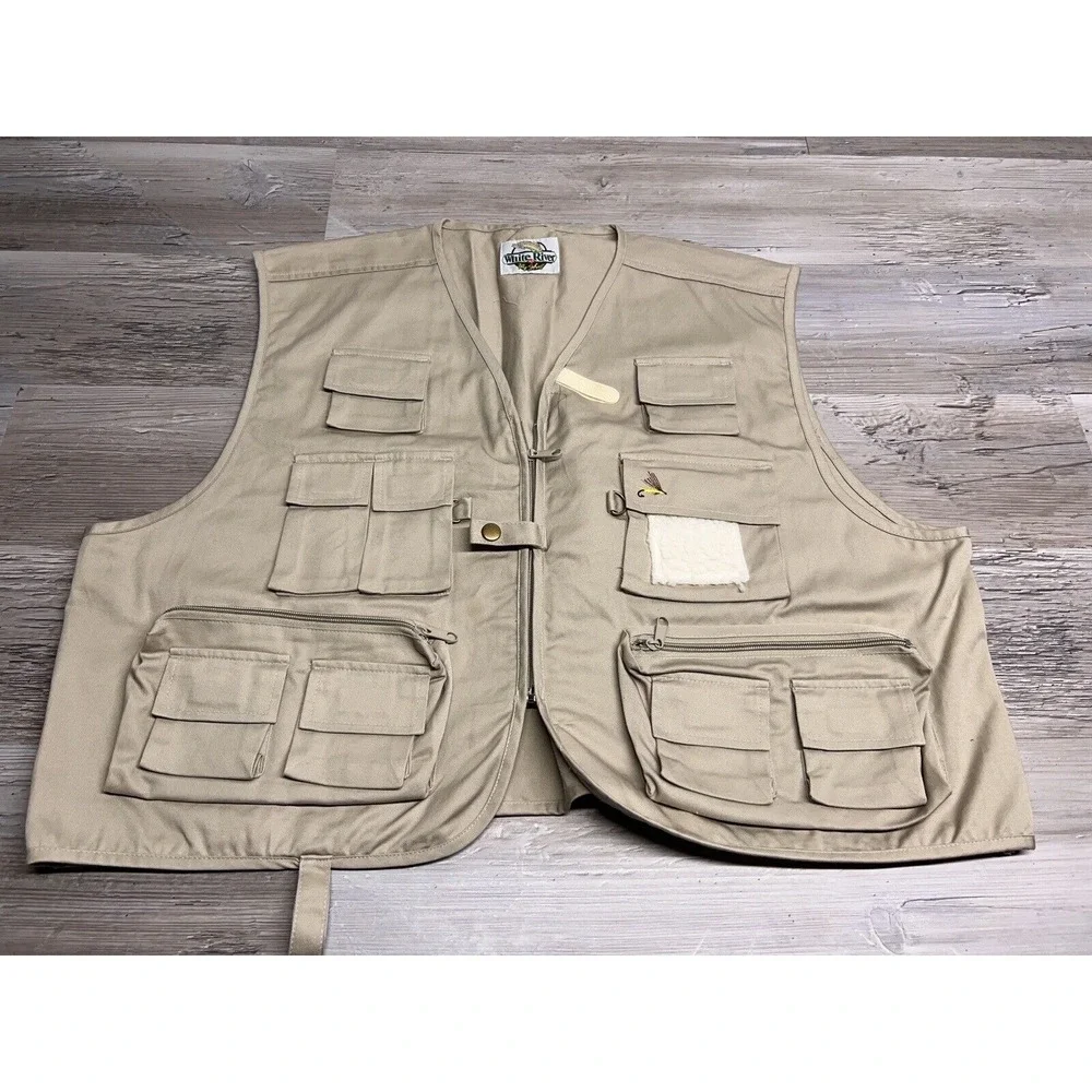 White River Fly Shop Fishing Vest Tan Beige Khaki Size L Utility Photography Zip